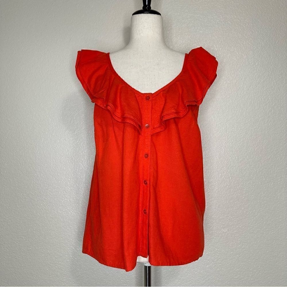 Old Navy Linen Blend Ruffled V-Neck No-Peek Button-Front Blouse Top, Sz Medium